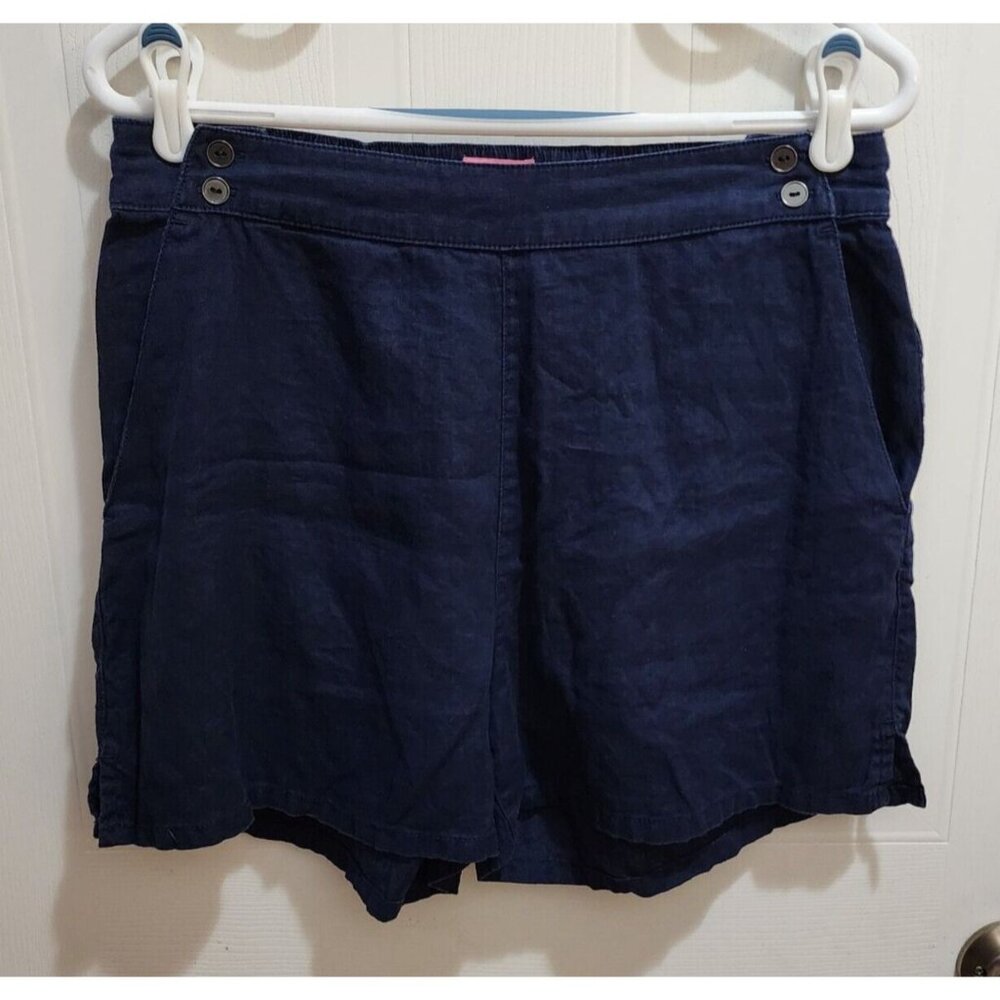 Isaac Mizrahi Women's Elastic Waist Shorts Button Accents 100% Linen Blue Sz M